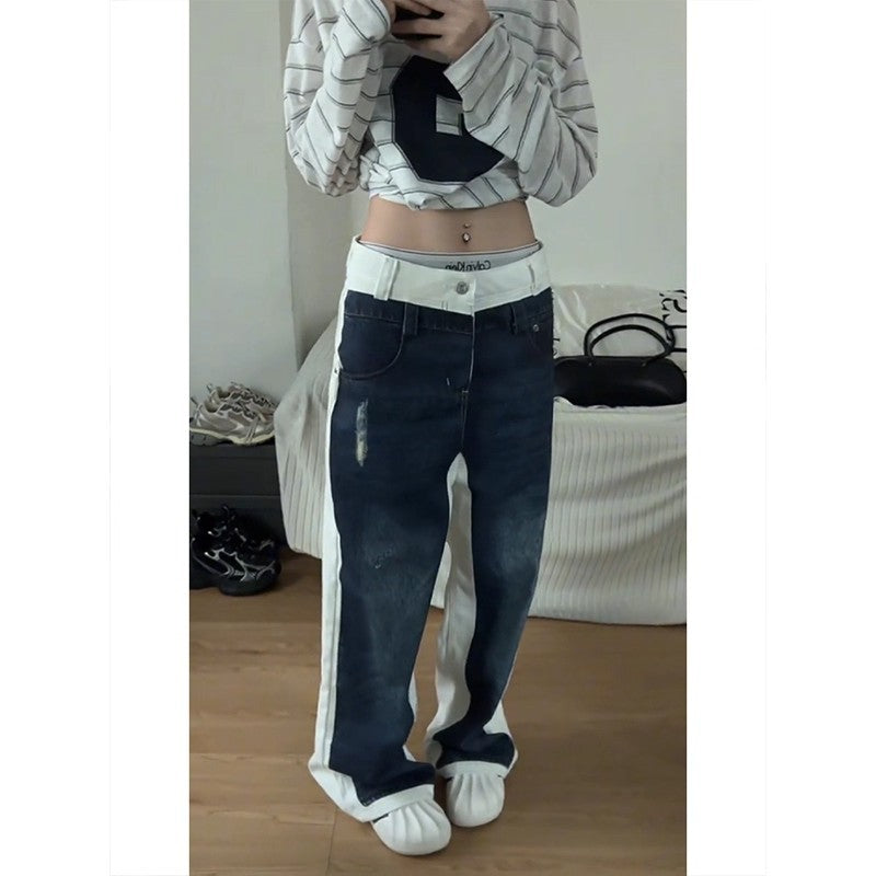 Hommes style américain Lavé bleu et blanc patchwork Denim Jeans