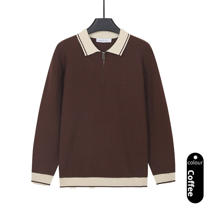 Haut casual de couleur solide homme avec lapel et demi-zip