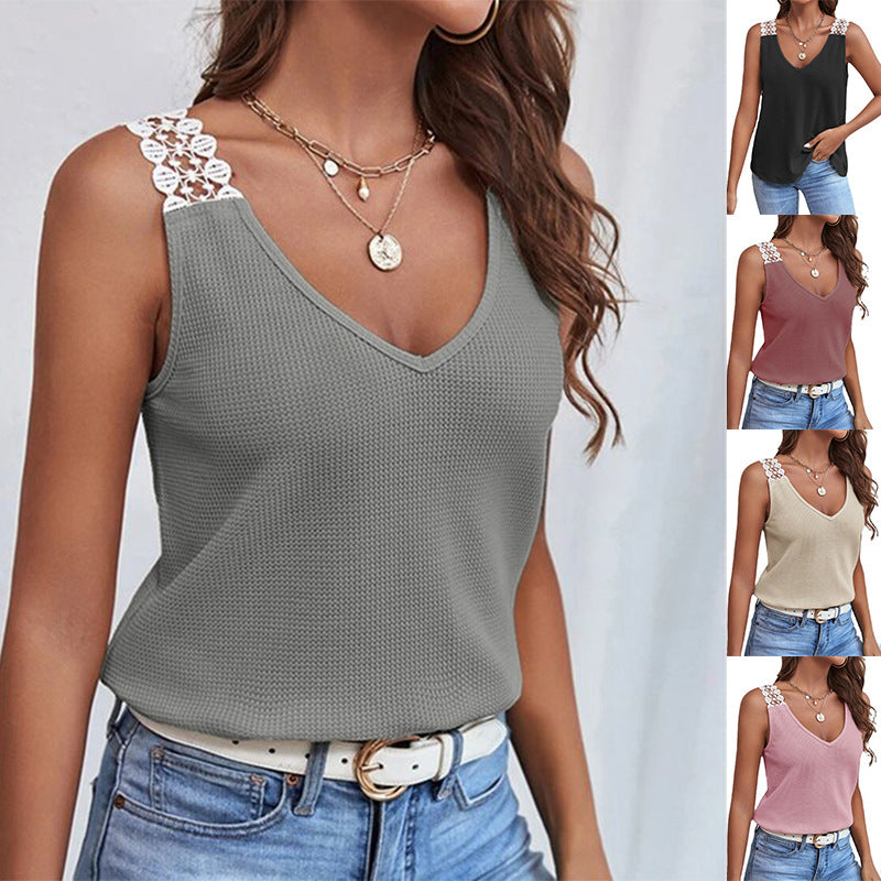 Printemps et été des femmes de couleur solide Casual Dentelle Waffle Splicing T-shirt Top Top