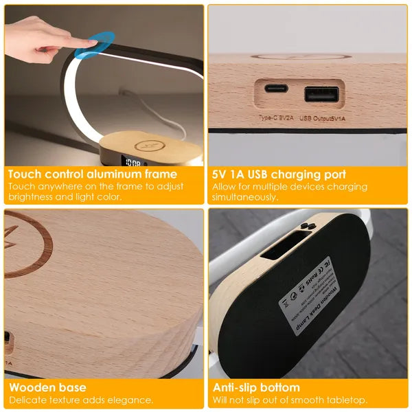 Lampe de contrôle tactile de table de chevet avec horloge sans fil charge lampe de bureau LED