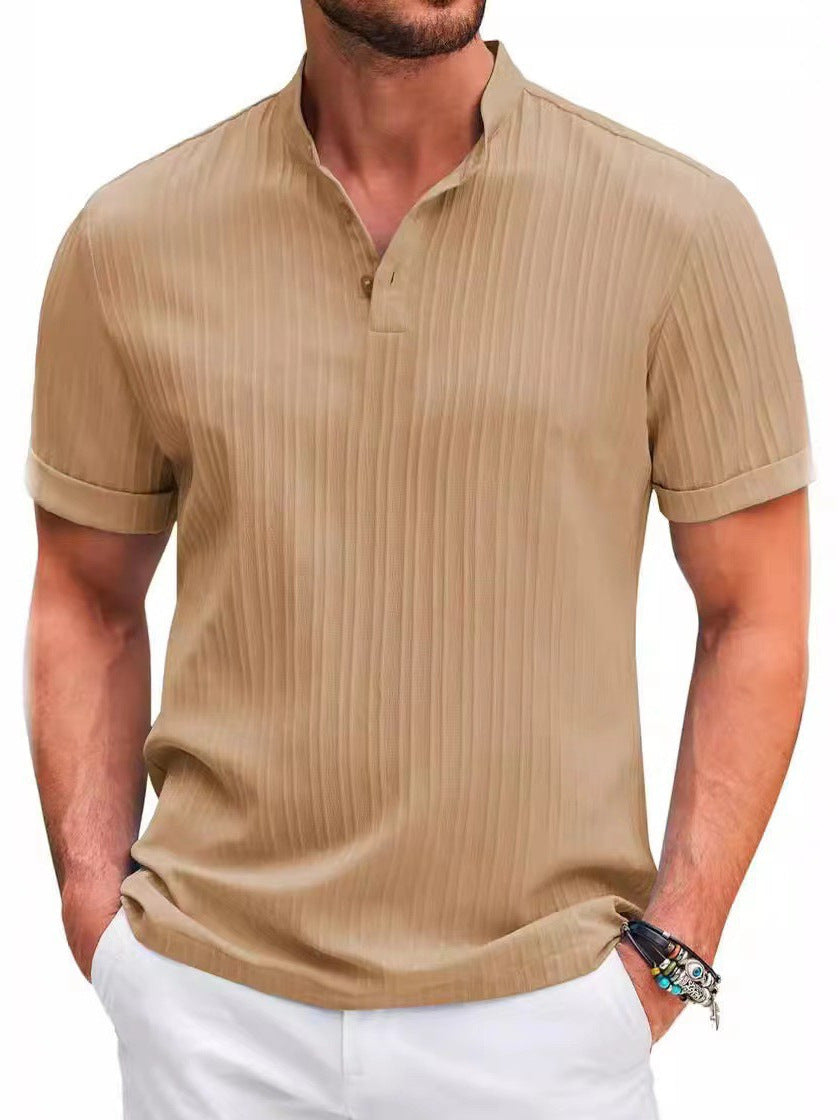 Homme Cotton-lin Jacquard Solide-couleur Casual Loose-fit Chemise manches courtes