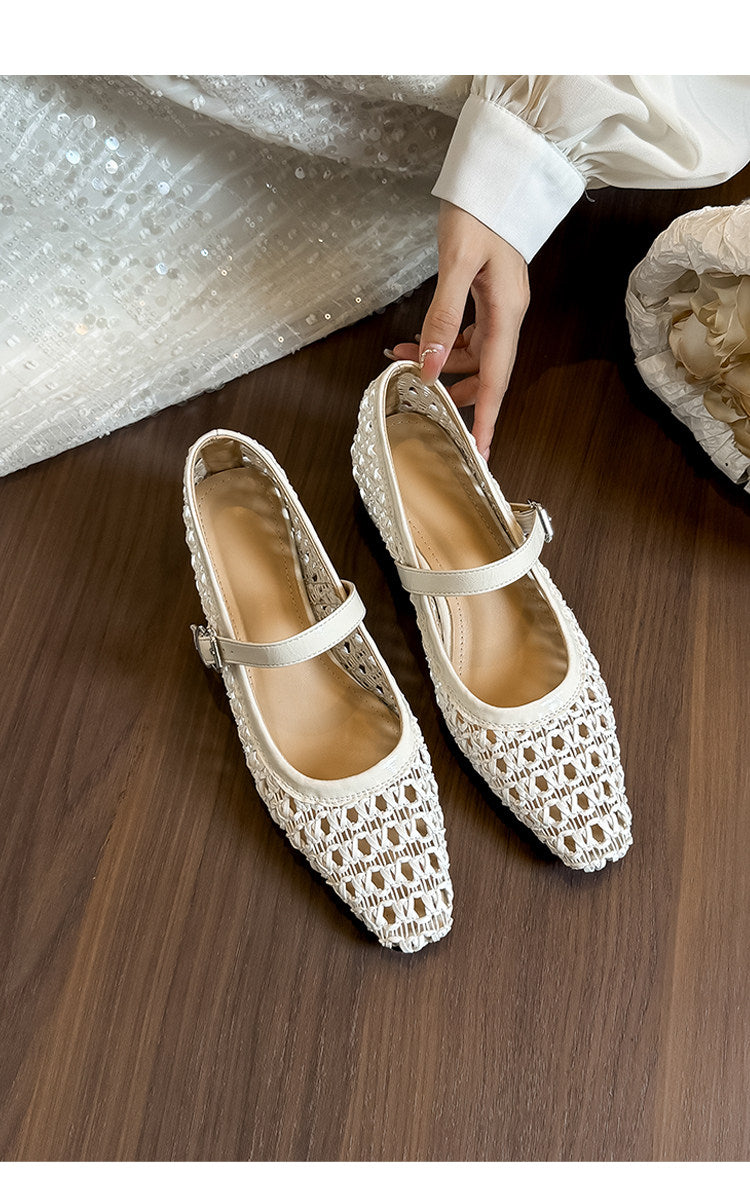 Retro Woven Hollow Respirant orteil carré talons Femmes simples Chaussures Summer One Strap