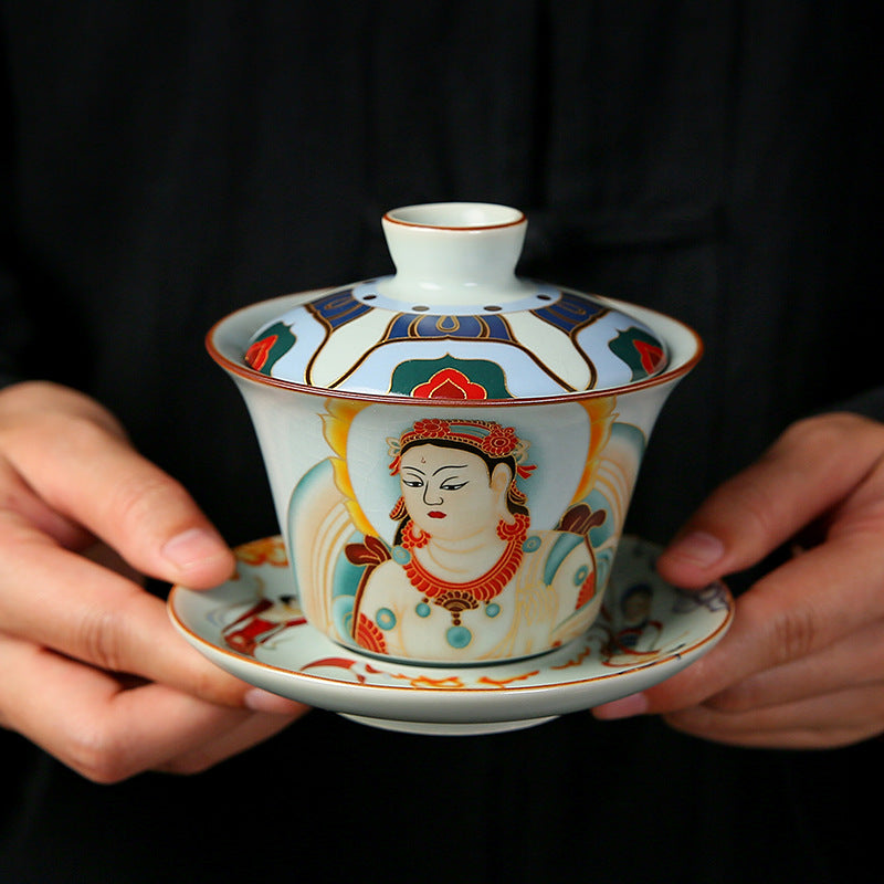 Ruyuan Dunhuang Hovering Lid Ceramic Bol à trois pièces à thé