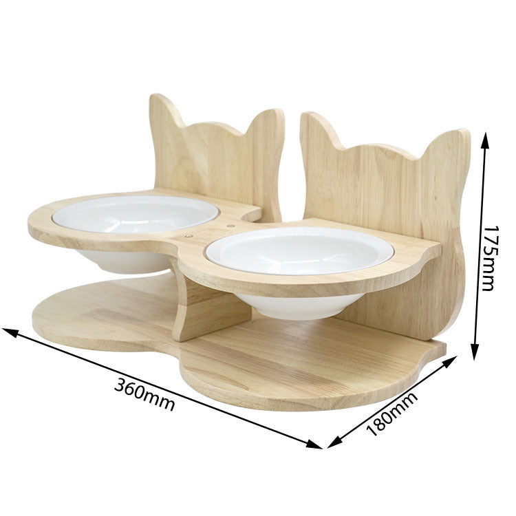 Bamboo et Wood Pet Cat Food Stand avec plateau en céramique