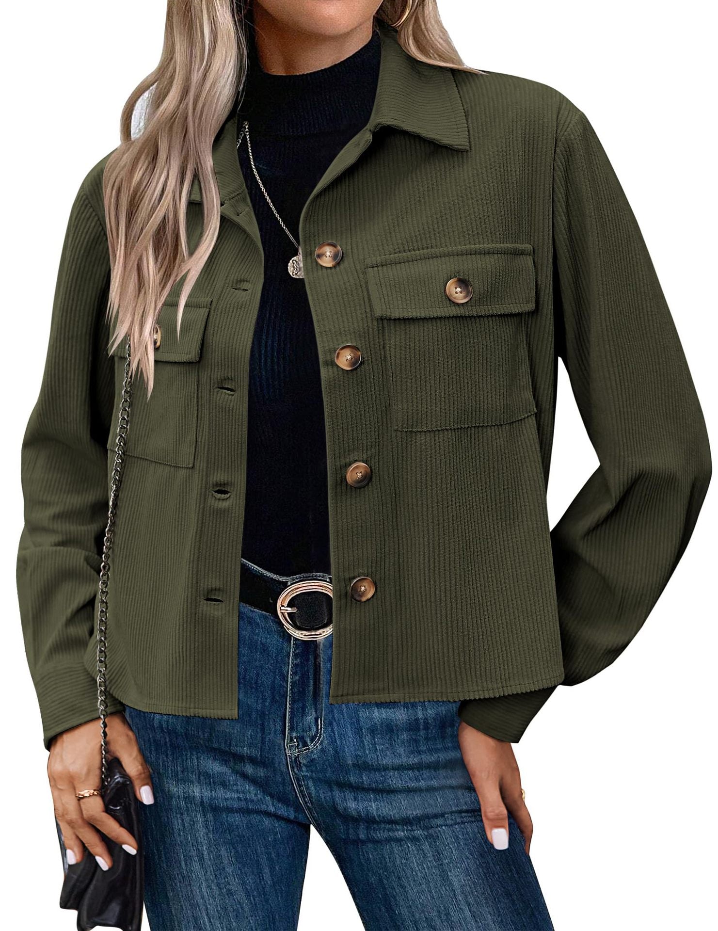 Femmes Casual Corduroy Bouton vers le bas Veste taillée Mode Court Top