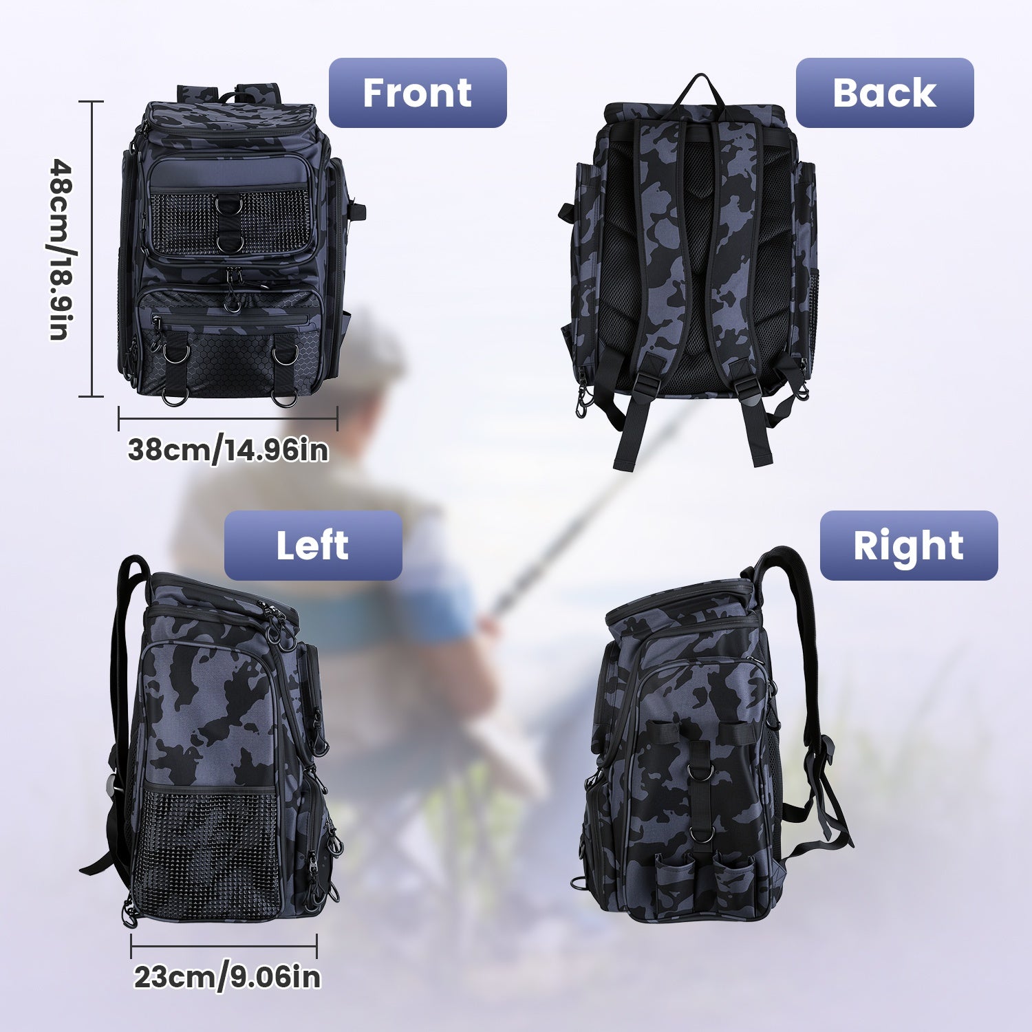 42L 11Gal sac à dos de pêche grande capacité de pêche sac de rangement avec porte-rodes 16 P