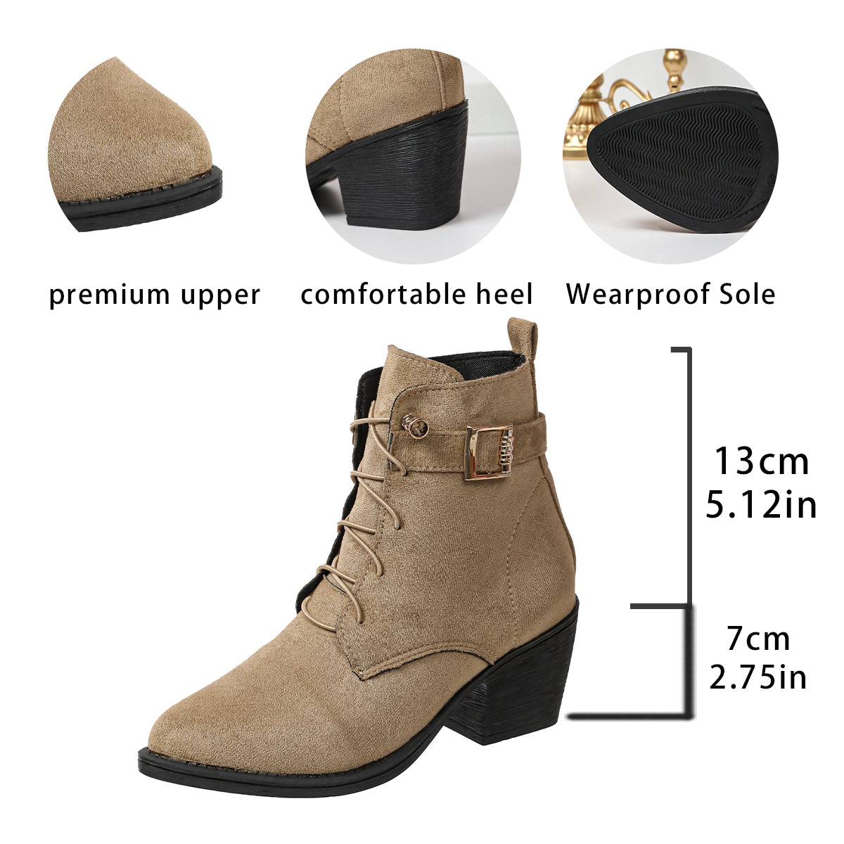 Femmes Vintage Khaki Nubuck Dentelle Up Ankle Bottes en métal Buckle Chunky Talon Western Cowgirl