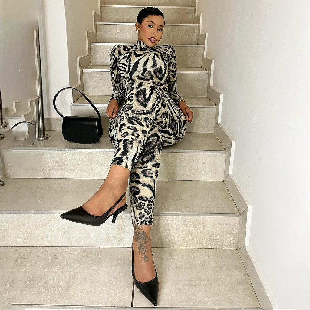 Femmes Leopard-print Slim-fit Sport Jumpsuit
