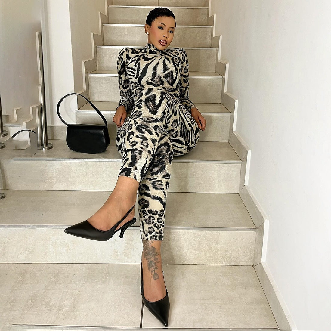 Femmes Leopard-print Slim-fit Sport Jumpsuit