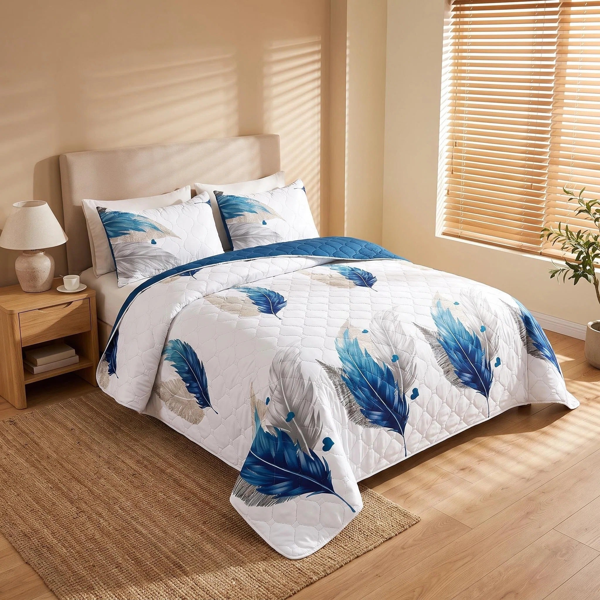 3-Piece bleu plume lit couvre-couche pour roi et roi de Californie