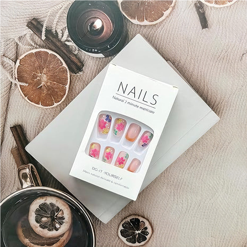 24 PCS Presse sur les ongles Court carré faux avec colle à ongles Français fausses conceptions de fleurs acrylique