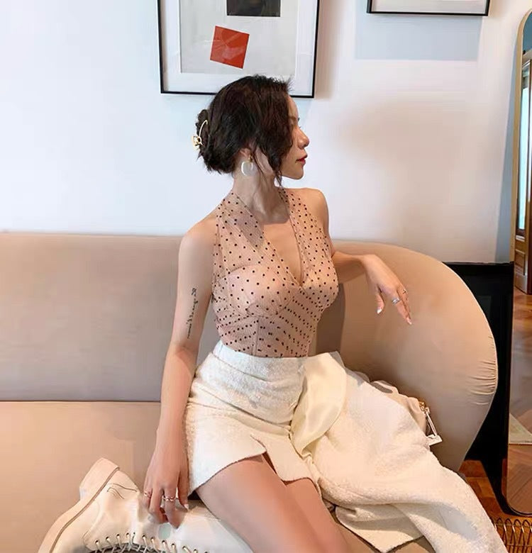Polka Dot Mesh Fishbone Top Halter Bottom Design Slim Sling