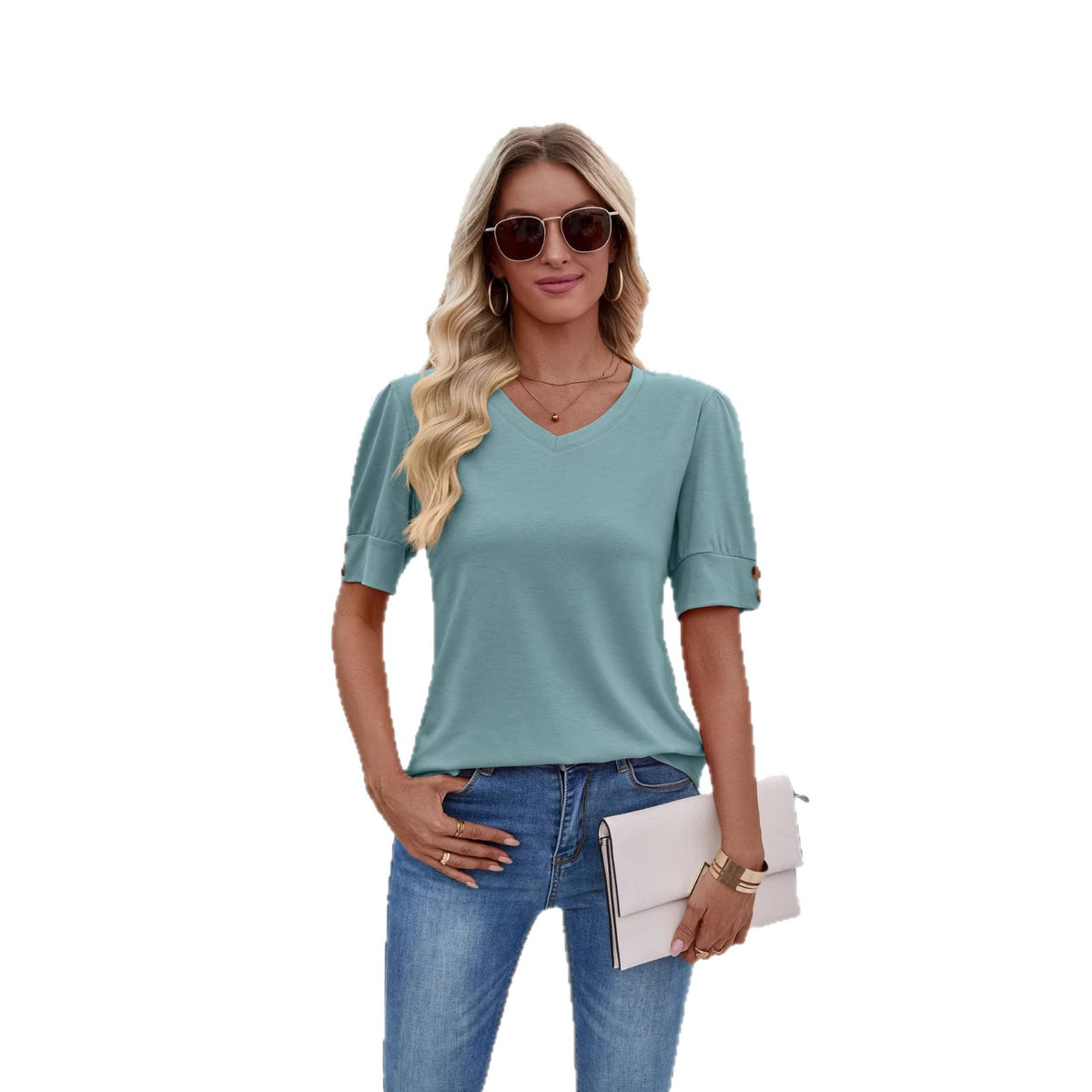 T-shirt imprimé à col d'équipage pour femmes avec boutons