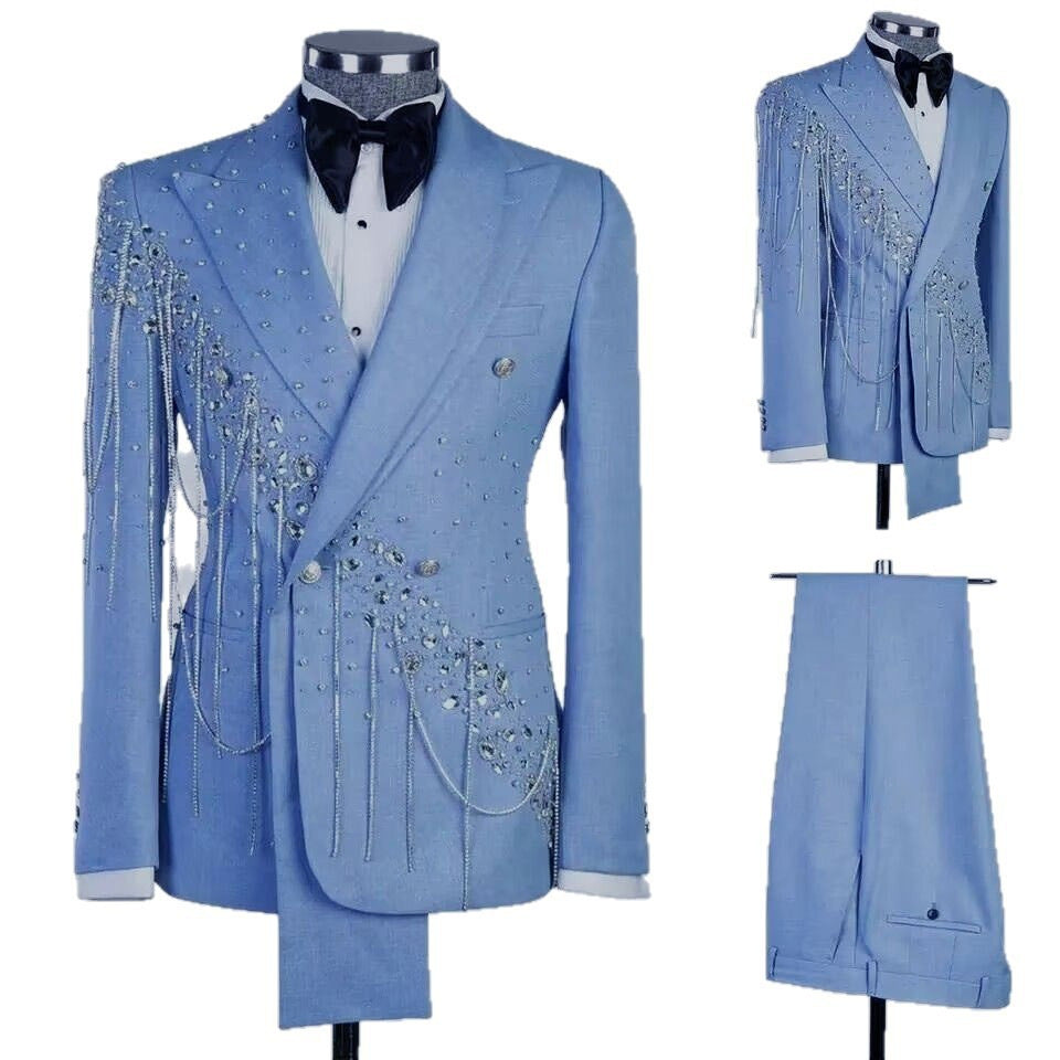 Peak Lapel Strass Tassel Embellished Double Breasted Tuxedo Ensemble à deux pièces