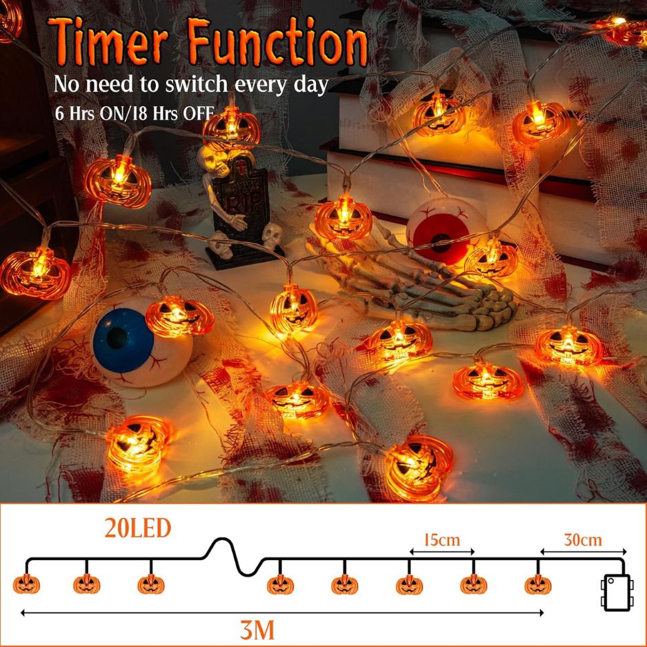 Lumières d'Halloween Lumières de potiron 10FT 20LED avec minuterie 8 modes Batterie utilisée dehors intérieur