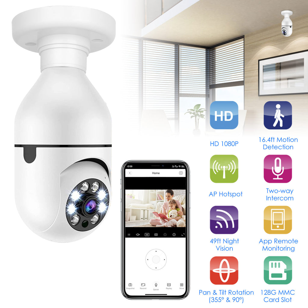 1Pc E27 WiFi Ampoule Caméra 1080P FHD WiFi IP Pan Tilt Caméra de surveillance de sécurité avec deux-
