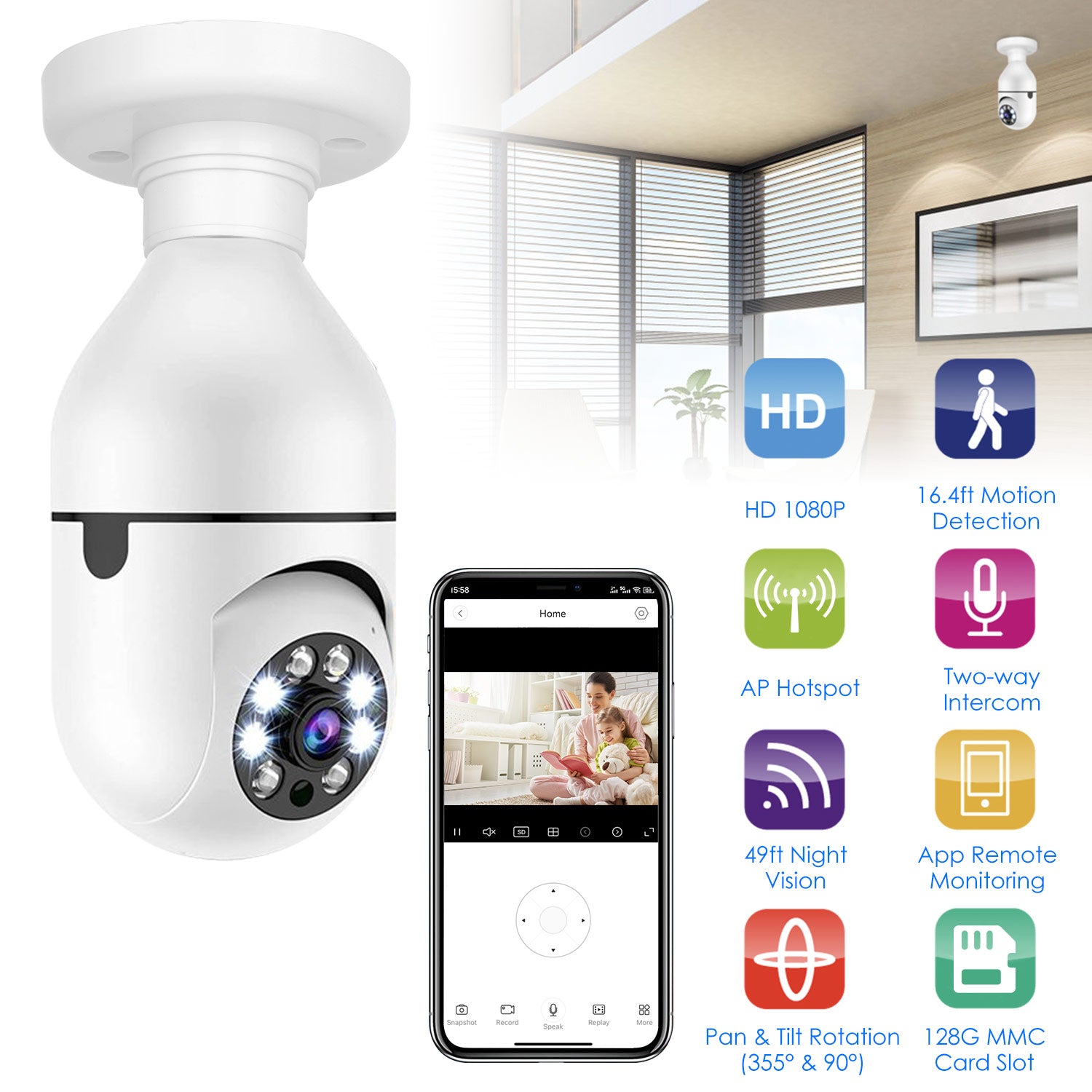 1Pc E27 WiFi Ampoule Caméra 1080P FHD WiFi IP Pan Tilt Caméra de surveillance de sécurité avec deux-
