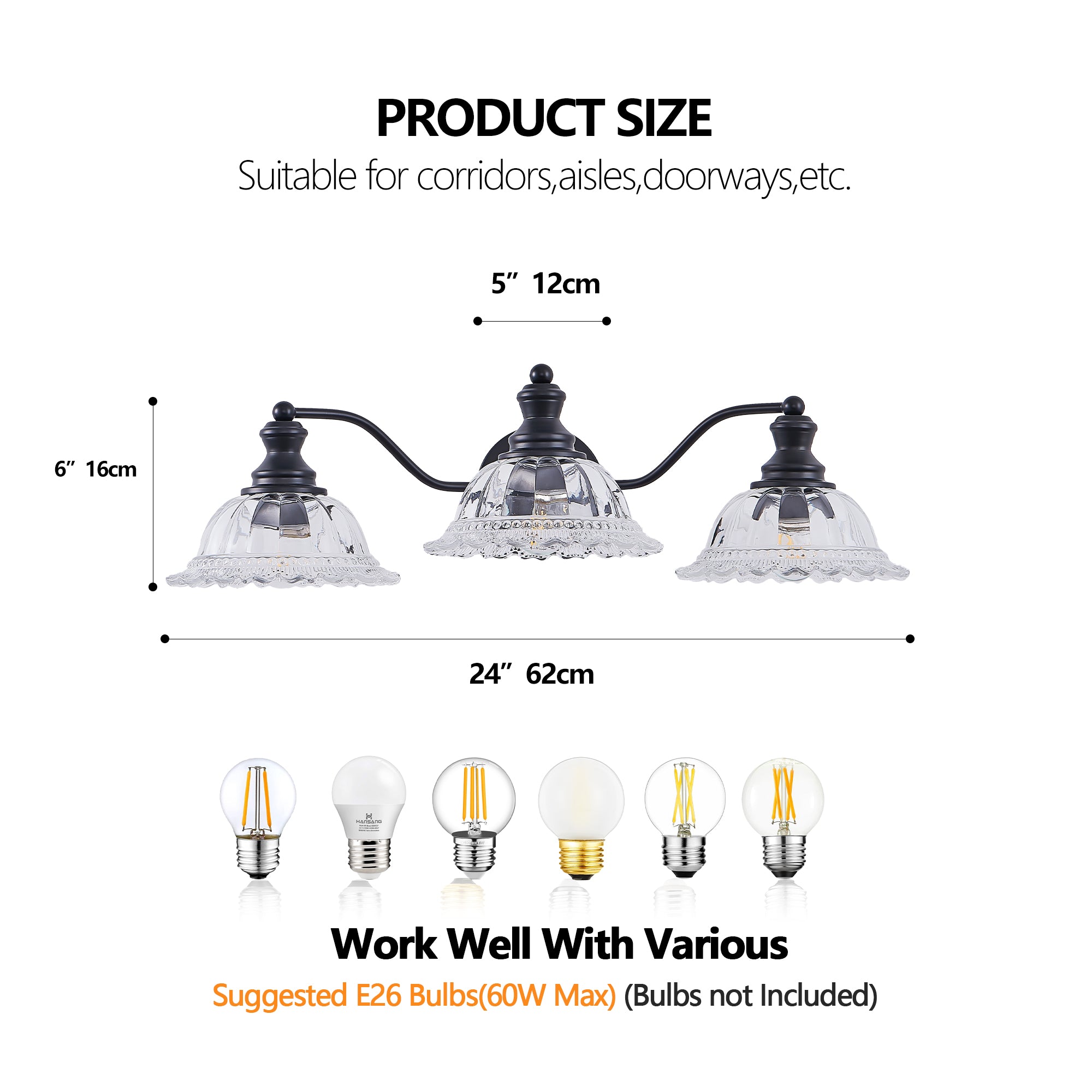 24 pouces 3-Light Vintage salle de bain mur sconce élégant noir métal et verre abat-jour Vanit
