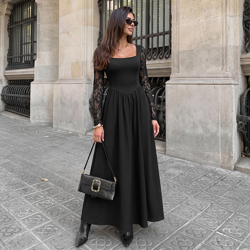 Élégante robe à manches longues en dentelle à col carré