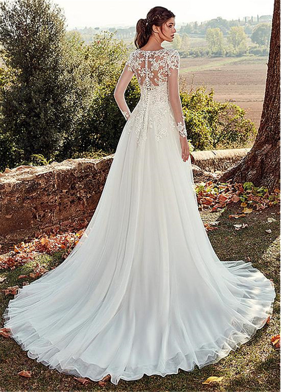Haut col U Dentelle Longue Manche A- Ligne Long Queue Robe de mariée simple