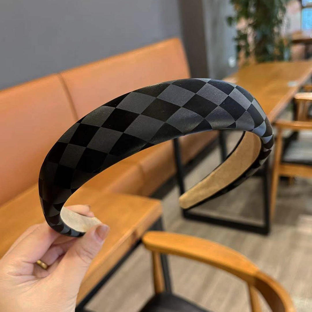 Retro Mode Cuir Haut Crâne Haut Chessboard Bandeau d'éponge Lattice