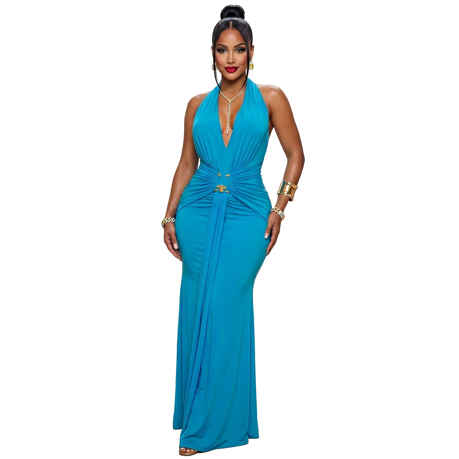 Robe de soirée pour femmes Halter Deep V Ruffled Sirène