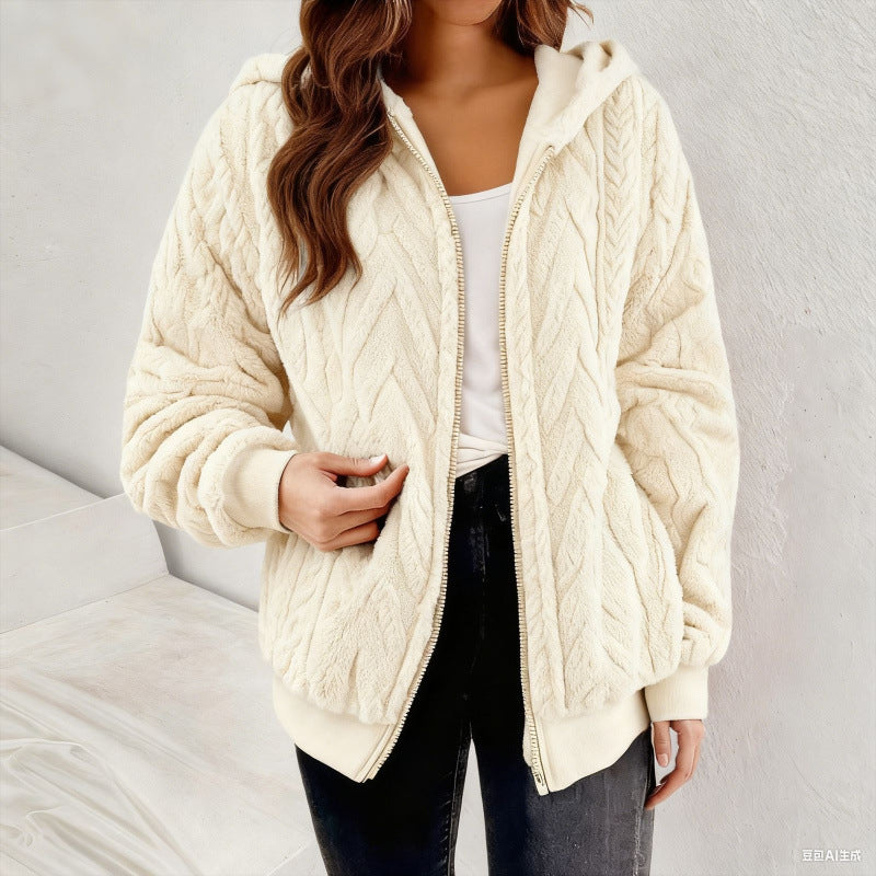 Manteau de cardigan à capuche à capuche Jacquard-Fleece pour femmes