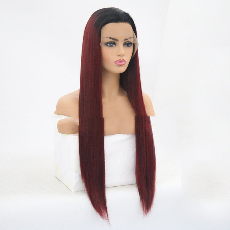 Burgundy Trellis avec tête en fibre chimique longue droite cheveux