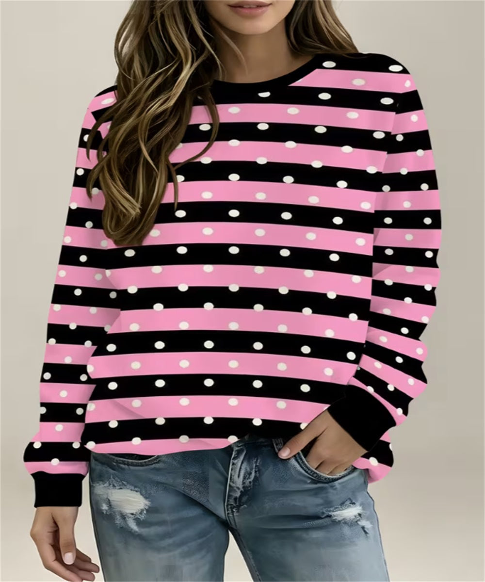 Pink Black Stripe & White Polka Dot Imprimer Sweat-shirt en col rond