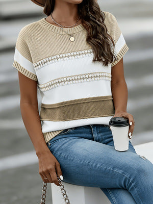 Casual été couleur bloc rayé manches courtes tricot Top