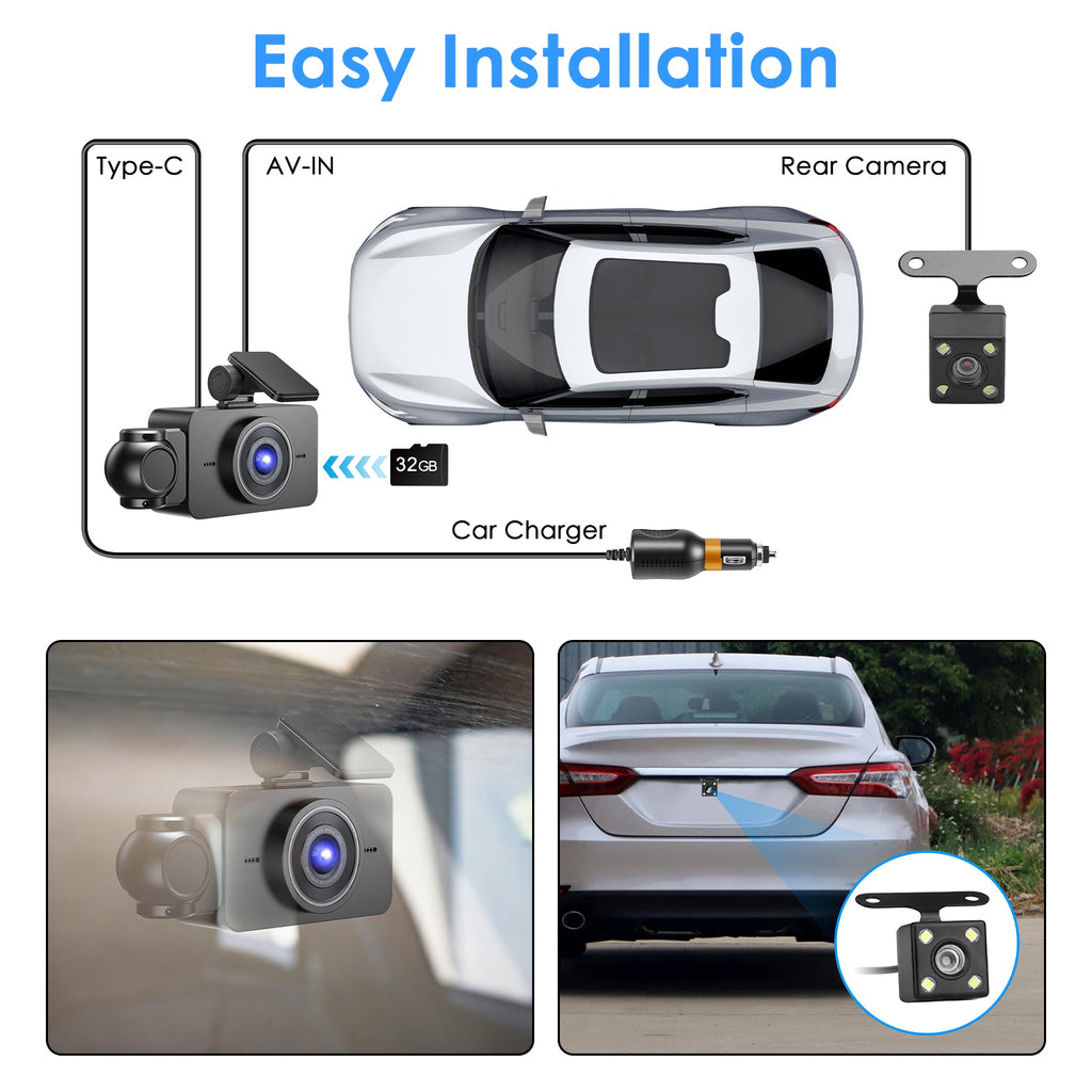 WiFi FHD 1080P 3 canaux voiture Dash Cam arrière à l'intérieur avec détection de mouvement de carte MMC 32G