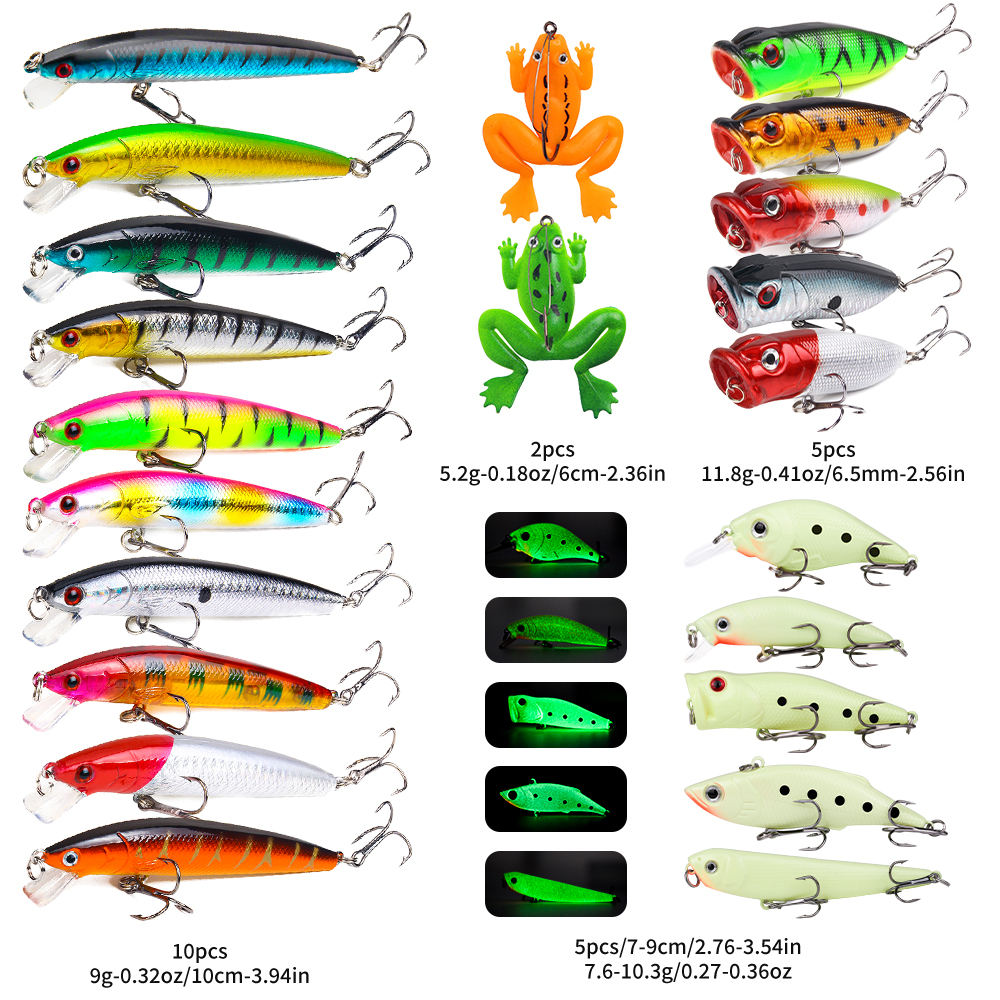 Ensemble de 22 pièces Lure dure Soft Frog Popper Minnow Pencil VIB Luminous Bait Set Crochets durables
