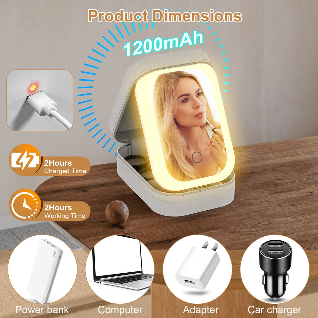 1Pc Portable Sac de maquillage de voyage avec miroir LED Rechargeable miroir de beauté avec 3 couleurs