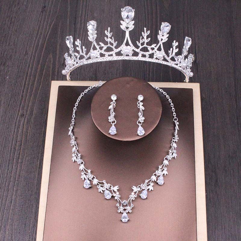 Bridal Rhinestone Crown Necklace Wedding Accessories Set