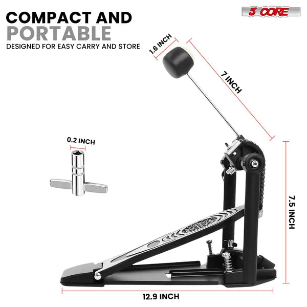 5 Core Bass Drum Pedal Mount Ajustable Felt Beater Head Single Chain HeavyDuty Kick Drum