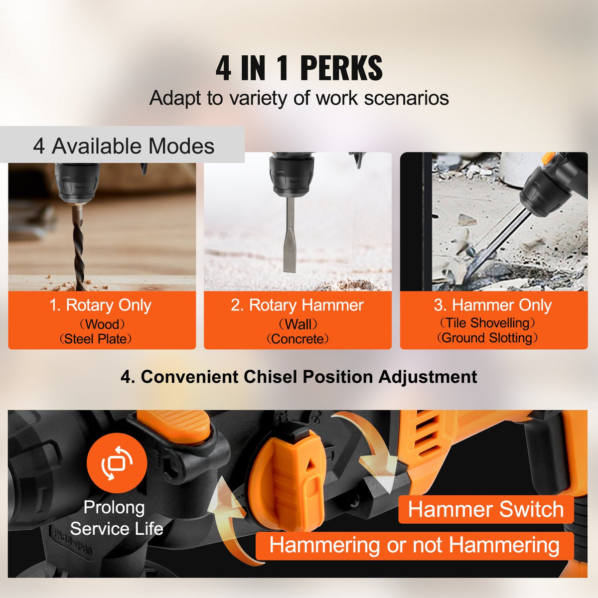 Perceuses rotatives à marteaux Foreuses à cordons 1' 4 Modes SDS-Plus Marteaux à broches