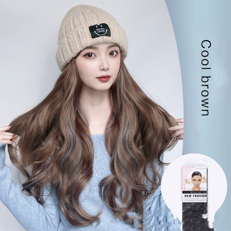 Automne et hiver Mode Beige Knit Pick Dye Gradient Long cheveux bouclés Cent prendre la perruque Ha