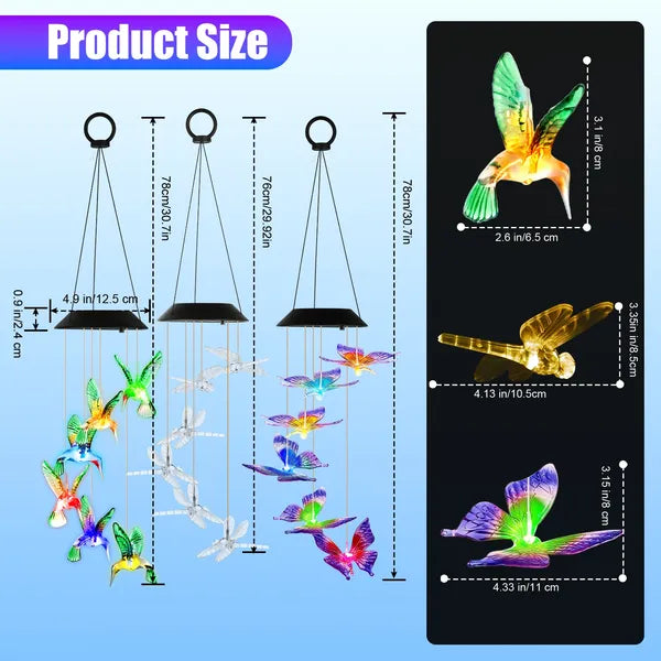 3Pack Solar Hummingbird papillon vent mouche dragon Chimes 7 couleur changer vent Chime pour Ou