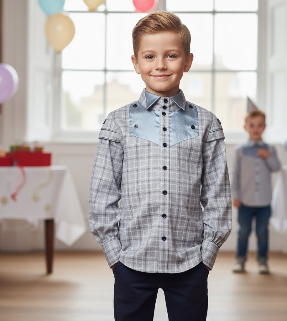 Garçons Vintage coton manches longues chemise de style classique haut pour les enfants 3-14 Y