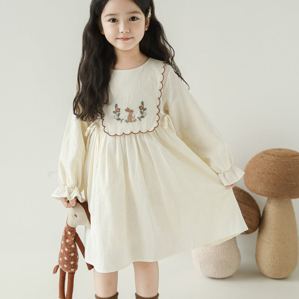 Robe à manches longues d'automne Pure Coton avant Bow pour les filles