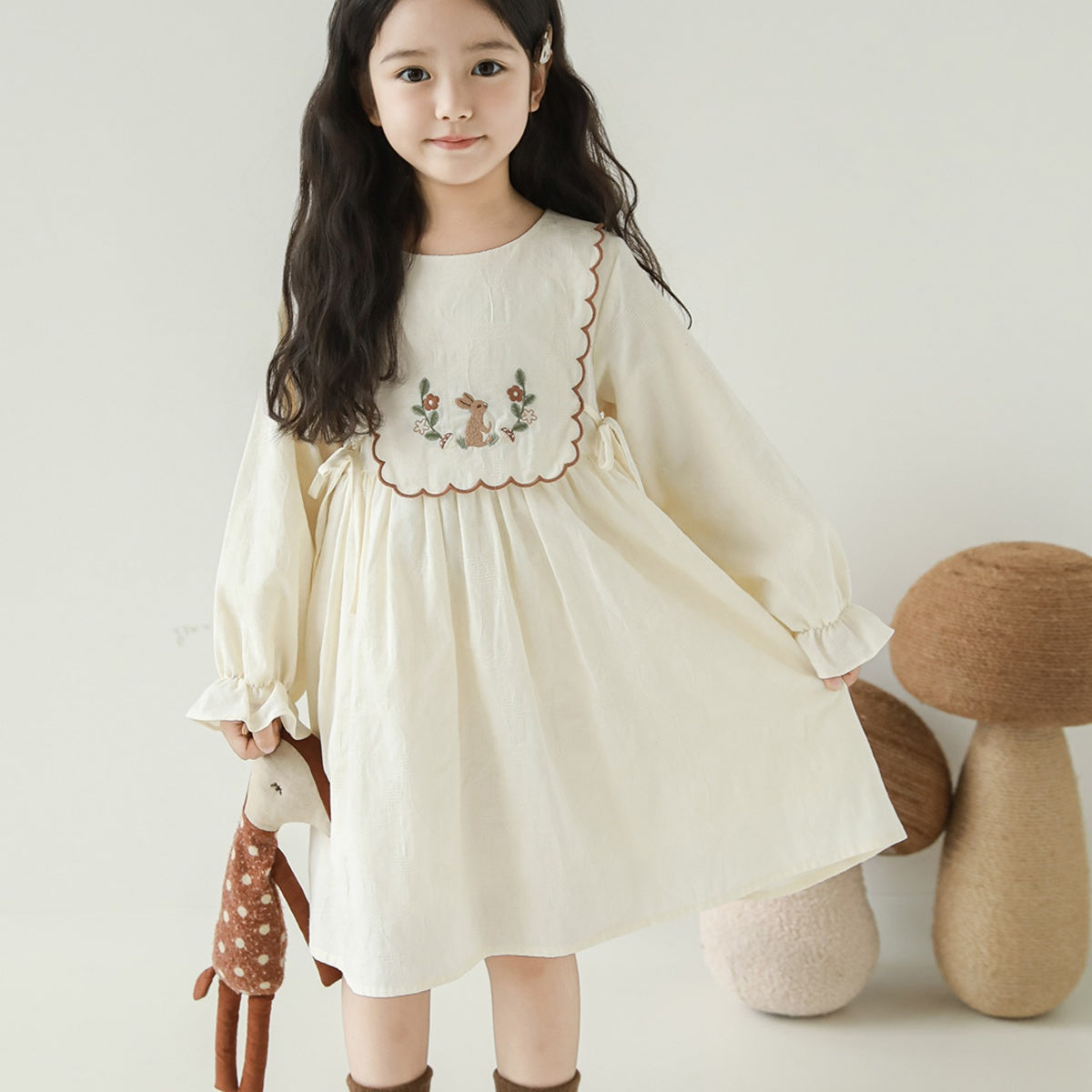 Robe à manches longues d'automne Pure Coton avant Bow pour les filles