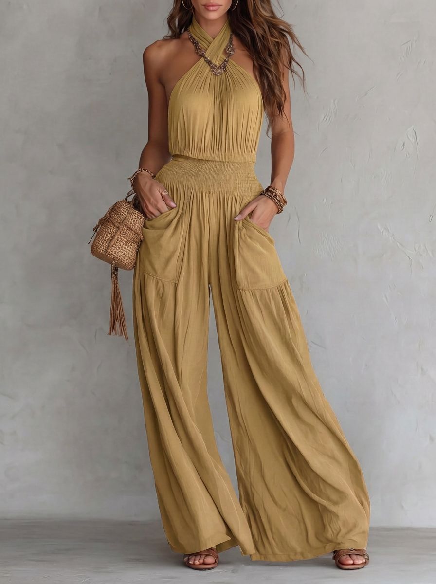 Cross border Women Vêtements Export Bohemian Style Backless Sleeveless Large Leg Jumpsuit Wi