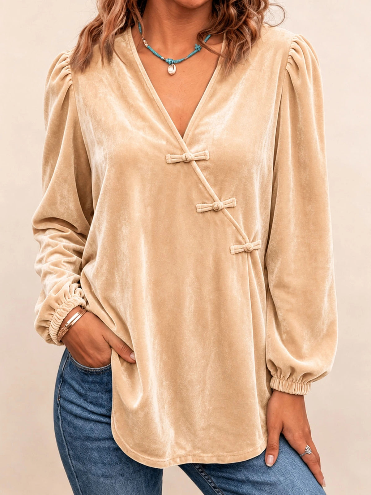 Women's Gold Velvet V-neck Top