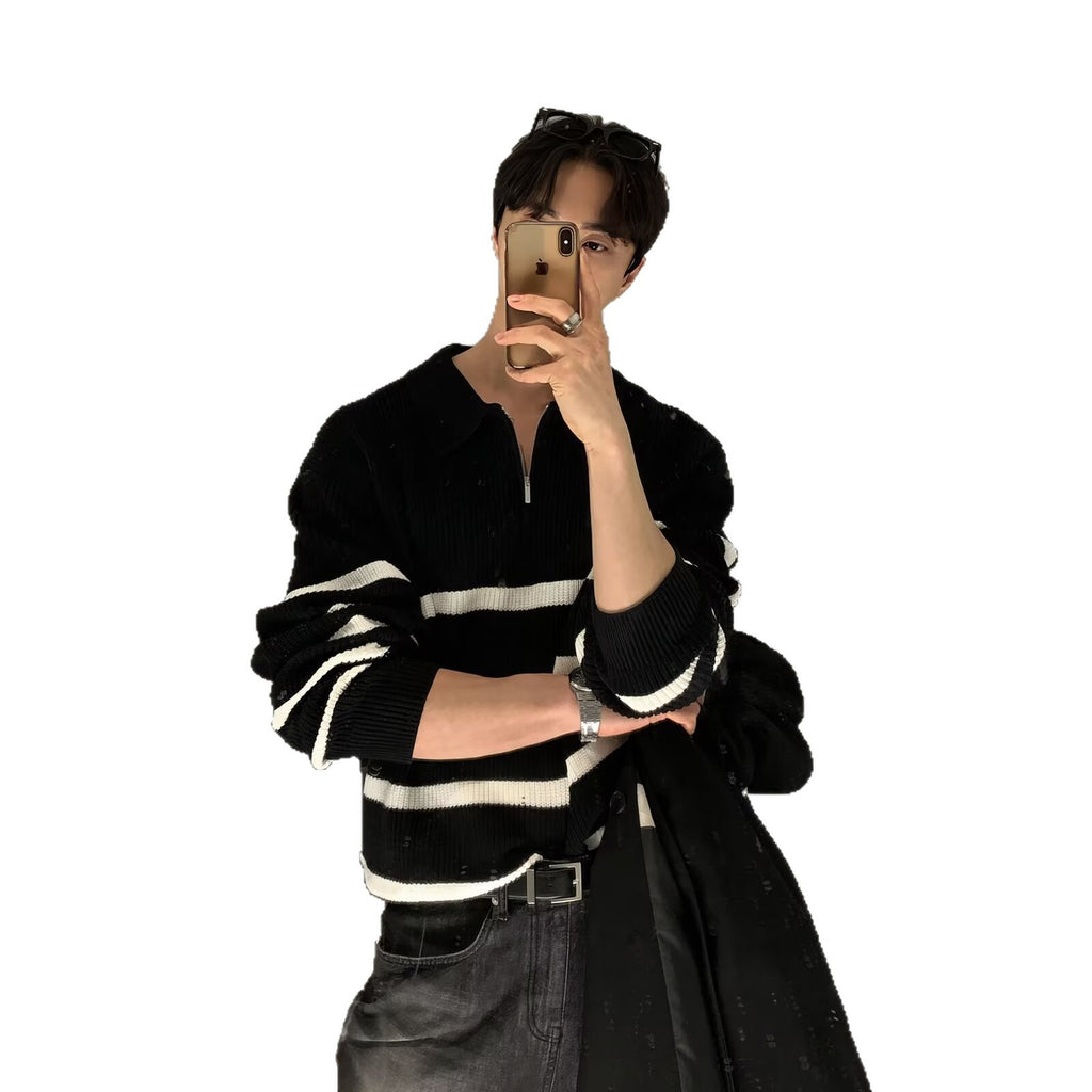 Trendy marque rayé manches longues hommes Retro coupe demi-zip