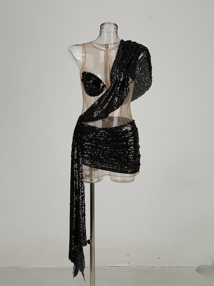 Sexy See-through Sequins Élégante robe de couture épaule