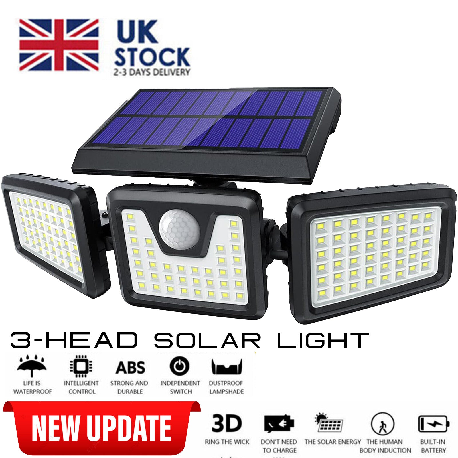 3-Head Solar Light LED PIR Motion Sensor Outdoor Garden Wall Lampe de sécurité UK