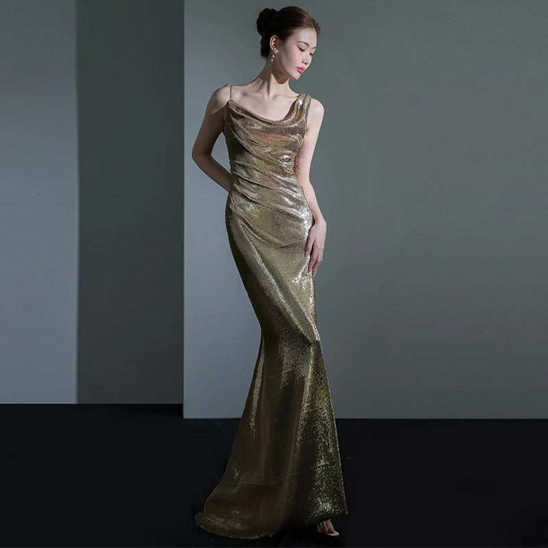 Robe de soirée en queue de poisson pour les femmes Élégante Sequins Réunion annuelle Sexy Backless