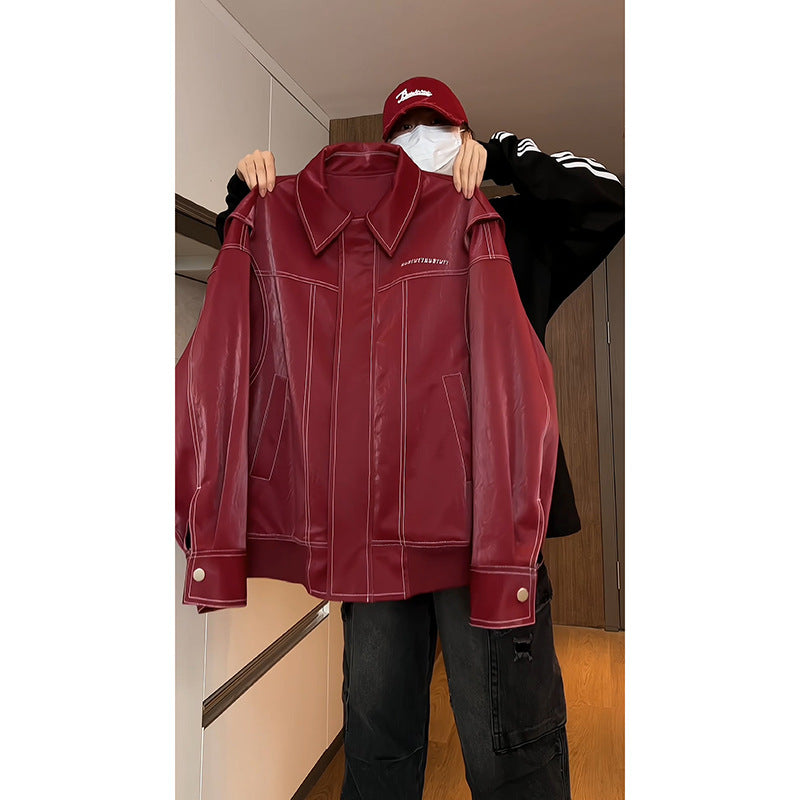 Design de printemps faux deux pièces en cuir manteau