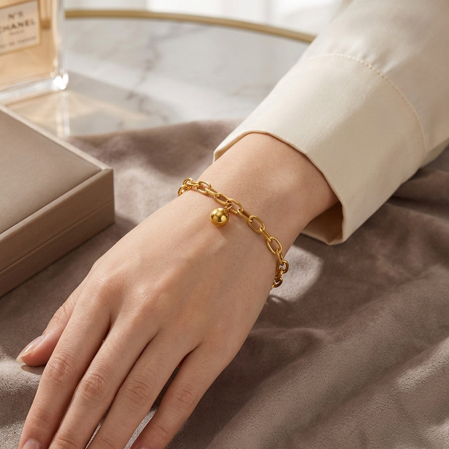 Femmes Paperclip Link Chaîne Bracelet Or Ton Dangling Round Ball Charm Acier inoxydable Lo