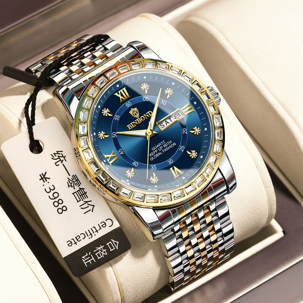 Business Diamant-embeded Montre mécanique double calendrier étanche